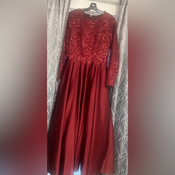 Custom Long Sleeve Satin Ball Gown Burgundy Dress with Matching Scarf - Picture 1 of 3